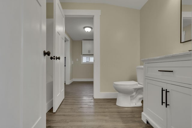 bathroom with wood-type flooring, toilet, and vanity