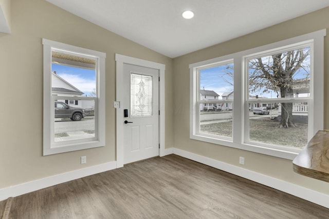 foyer entrance with lofted ceiling, hardwood / wood-style flooring, and a healthy amount of sunlight