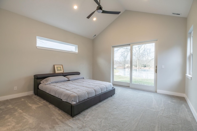 bedroom featuring ceiling fan, carpet, access to outside, and high vaulted ceiling