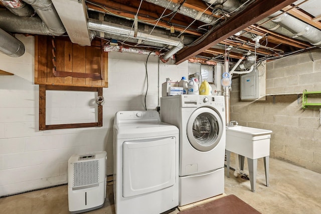 laundry area with washing machine and dryer, sink, and electric panel