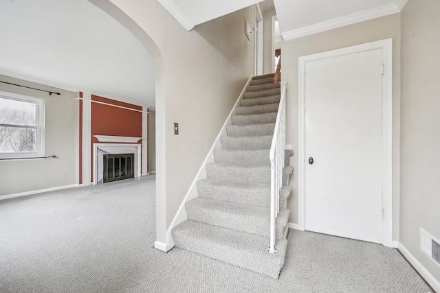 stairway featuring crown molding and carpet