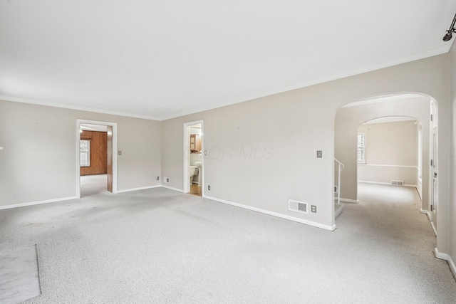 carpeted spare room with crown molding