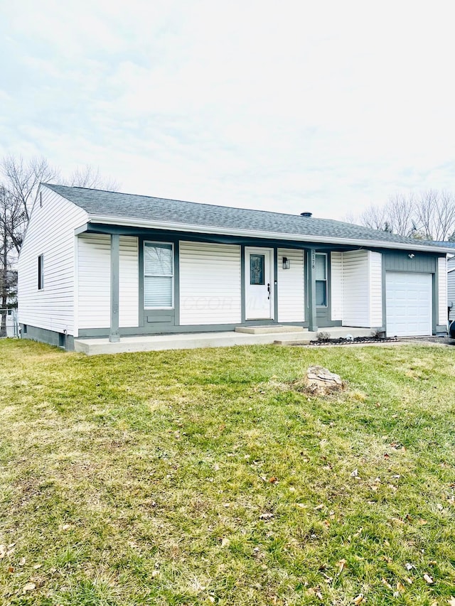 single story home featuring a garage, a porch, a shingled roof, and a front lawn