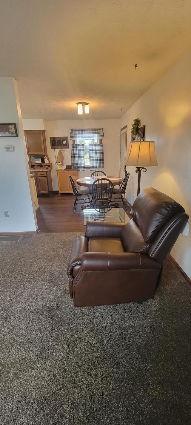 living room with dark carpet