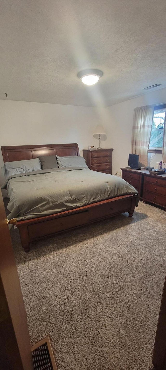 bedroom featuring carpet floors and a textured ceiling