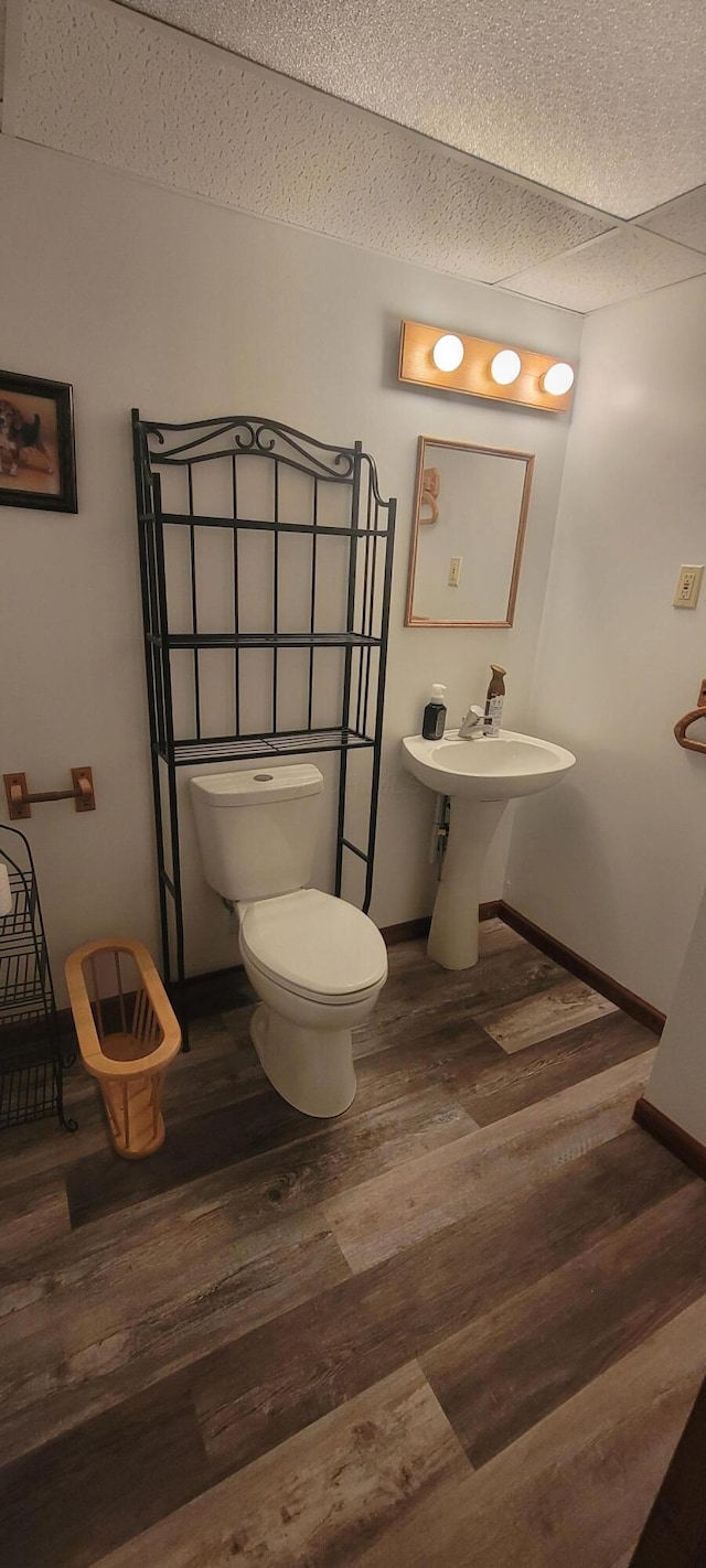 bathroom with wood-type flooring, a paneled ceiling, and toilet