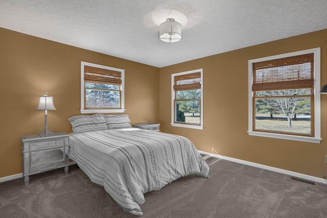 carpeted bedroom featuring visible vents, baseboards, and multiple windows