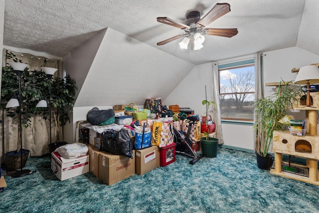 additional living space with ceiling fan, lofted ceiling, carpet floors, and a textured ceiling