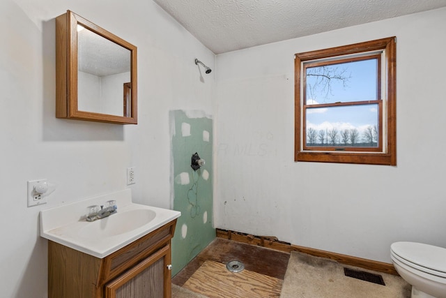 bathroom featuring vanity, a shower, a textured ceiling, and toilet