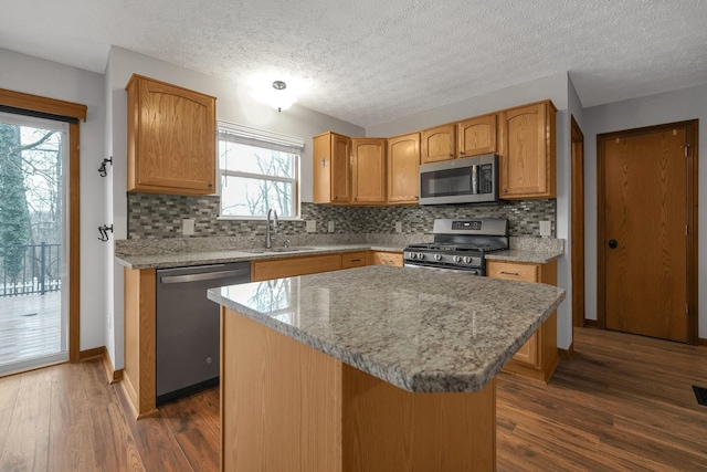 kitchen with backsplash, dark wood finished floors, stainless steel appliances, and a sink