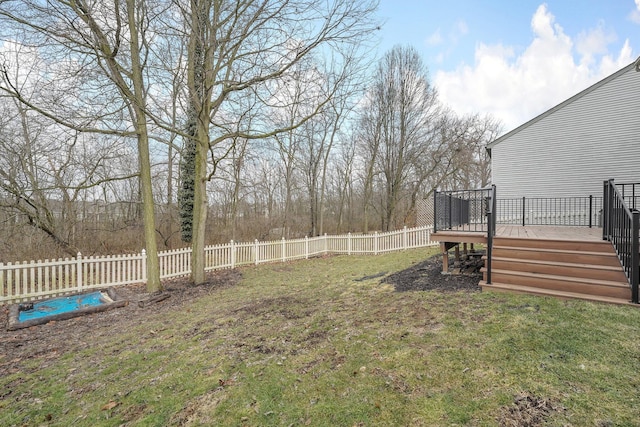 view of yard with a deck, stairway, and a fenced backyard