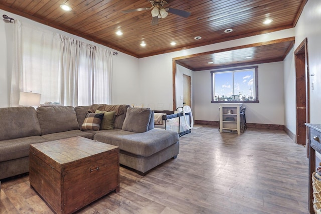 living room with wood-type flooring, ornamental molding, and wooden ceiling