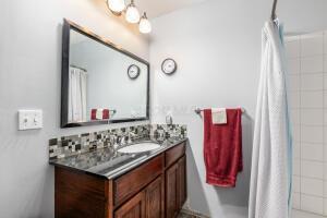 bathroom with vanity and walk in shower