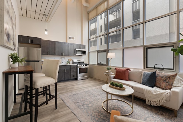 living room featuring sink, light hardwood / wood-style flooring, and a high ceiling