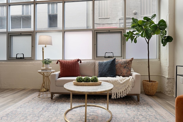 living area with hardwood / wood-style floors