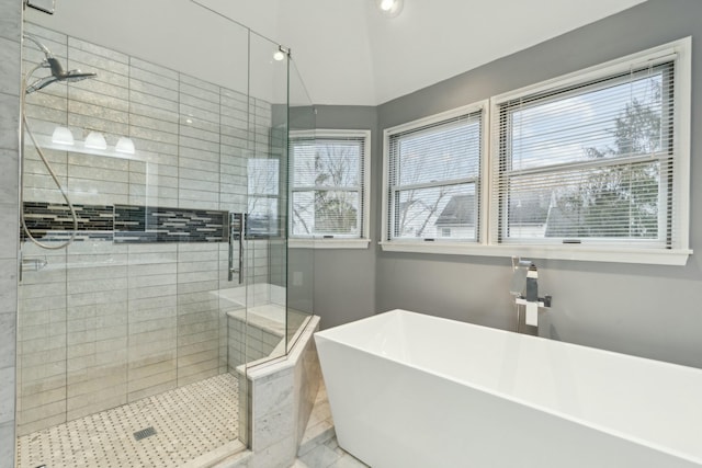 bathroom with separate shower and tub and a wealth of natural light