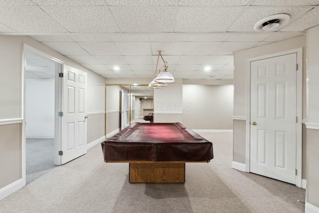 recreation room with carpet floors, a paneled ceiling, and billiards