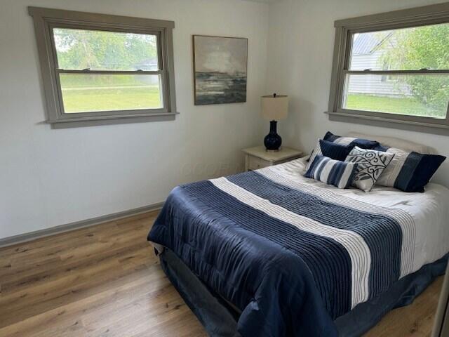 bedroom with multiple windows and hardwood / wood-style floors