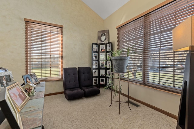 sitting room featuring lofted ceiling and plenty of natural light