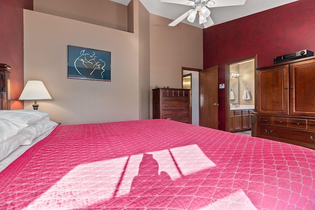 bedroom featuring ceiling fan and ensuite bathroom