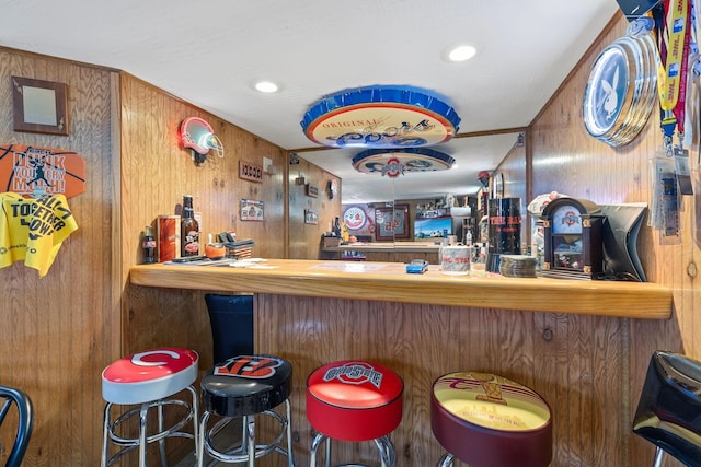 bar featuring wood walls