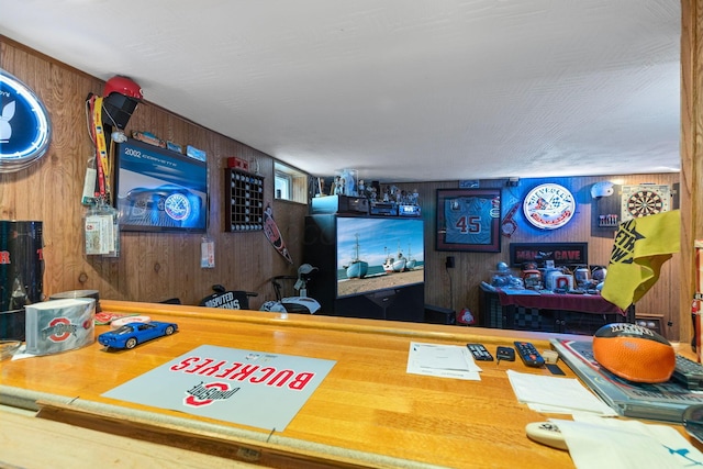 interior space featuring wooden walls