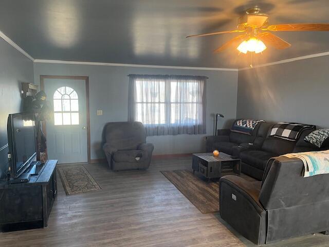 living room featuring crown molding, hardwood / wood-style flooring, and ceiling fan