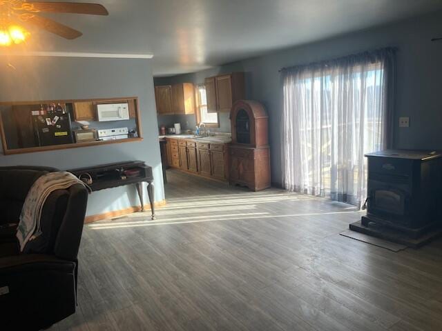 living room with hardwood / wood-style flooring, a wood stove, and ceiling fan