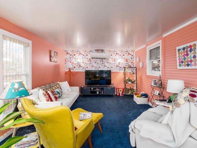 living room with carpet floors and wooden walls