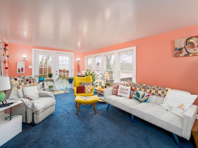 living room featuring french doors and carpet floors