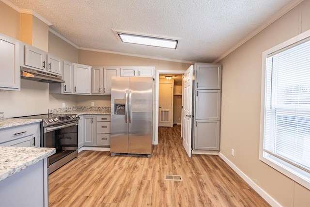 kitchen featuring gray cabinetry, ornamental molding, and appliances with stainless steel finishes