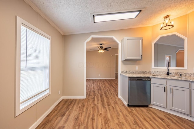 kitchen with sink, crown molding, stainless steel dishwasher, and light wood-type flooring