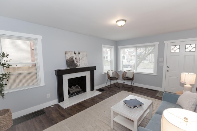 living room with dark hardwood / wood-style flooring