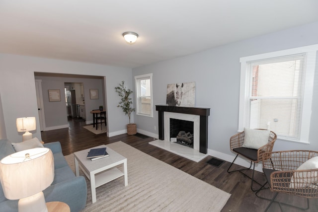 living room with dark hardwood / wood-style floors