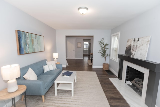 living room featuring dark wood-type flooring and a premium fireplace