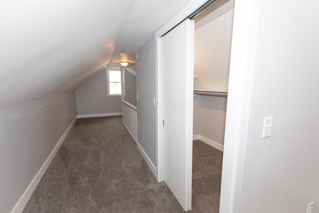 additional living space with lofted ceiling and dark carpet