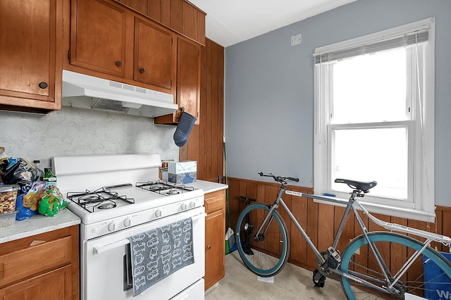 kitchen featuring tasteful backsplash, white gas range, a healthy amount of sunlight, and wood walls