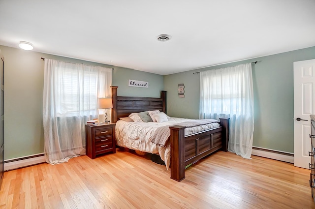 bedroom with multiple windows, baseboard heating, and light hardwood / wood-style flooring