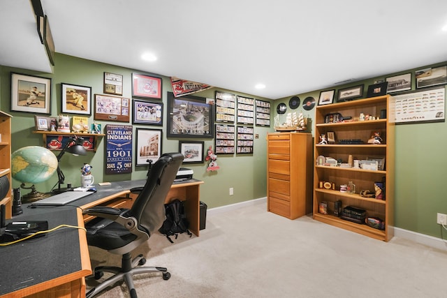 home office featuring light colored carpet