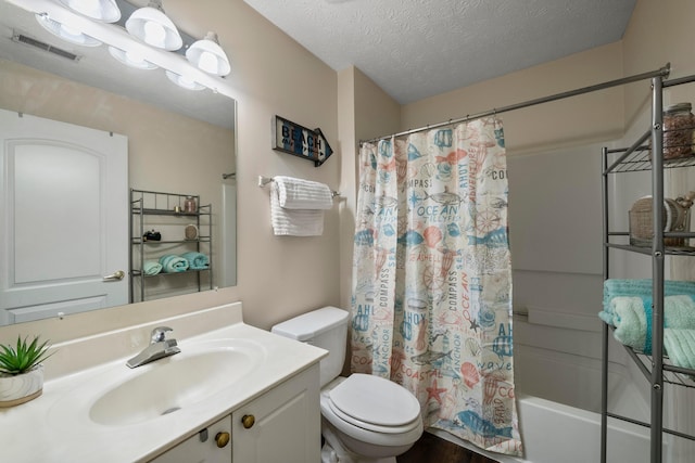 bathroom featuring vanity, visible vents, a textured ceiling, toilet, and shower / tub combo with curtain