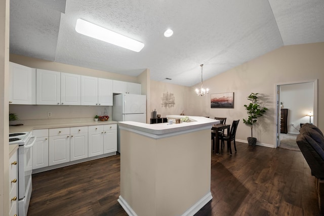 kitchen with a kitchen island, dark wood-type flooring, vaulted ceiling, white appliances, and white cabinetry