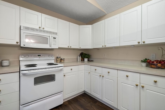 kitchen with a textured ceiling, dark wood-style floors, white cabinetry, white appliances, and light countertops