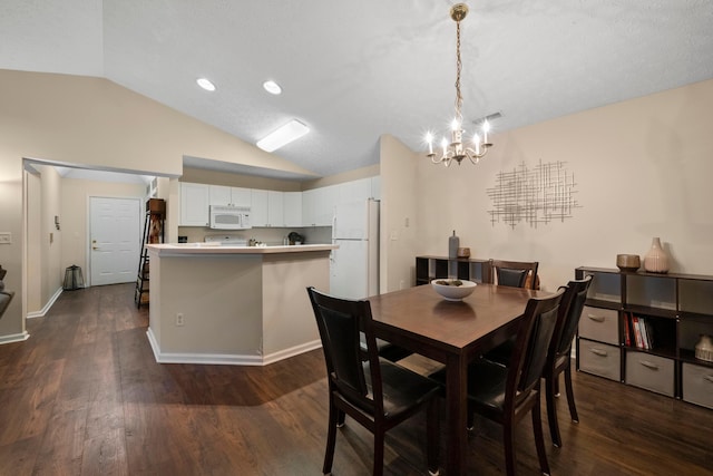 dining area featuring recessed lighting, baseboards, lofted ceiling, and dark wood finished floors