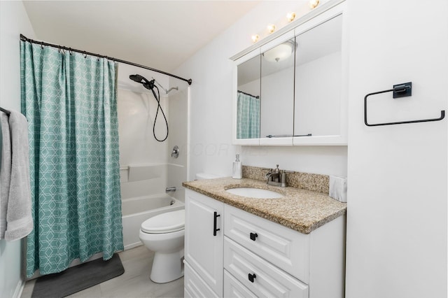 full bath featuring shower / bath combo with shower curtain, toilet, and vanity