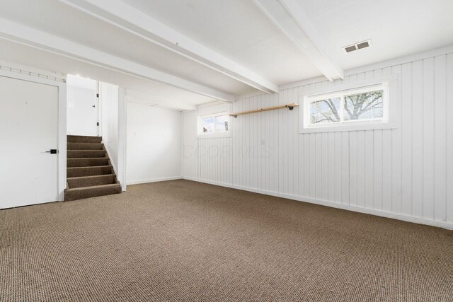 basement featuring visible vents, stairway, carpet floors, and plenty of natural light