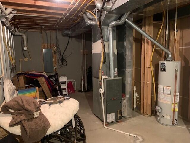 utility room featuring gas water heater and electric panel