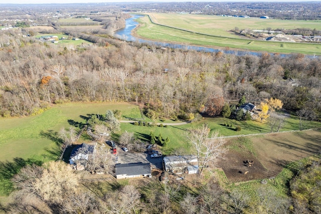 birds eye view of property with a water view and a rural view