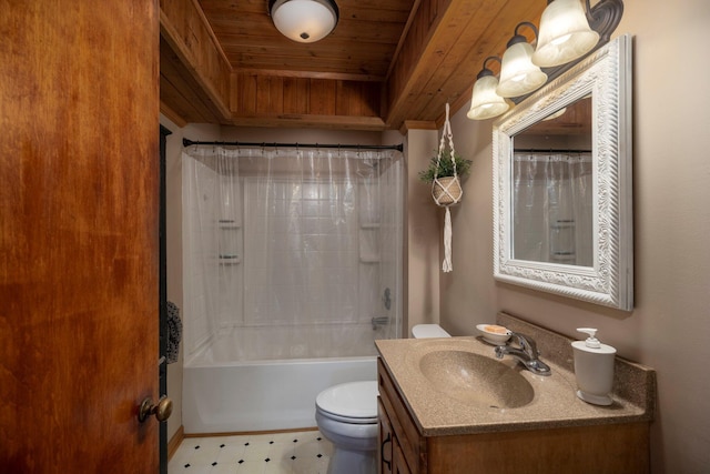 full bathroom featuring shower / bath combination with curtain, vanity, toilet, and wooden ceiling