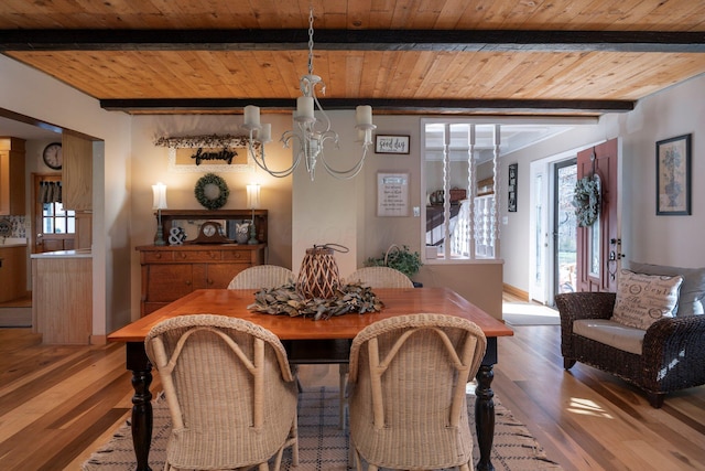 dining room featuring a notable chandelier, wooden ceiling, hardwood / wood-style floors, and beamed ceiling