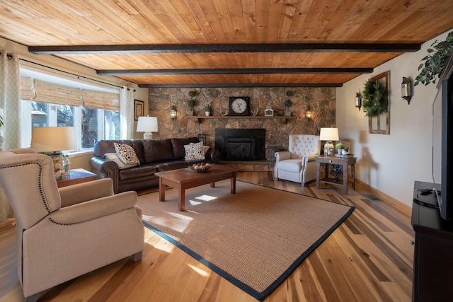 living room featuring wood ceiling, beam ceiling, and hardwood / wood-style floors